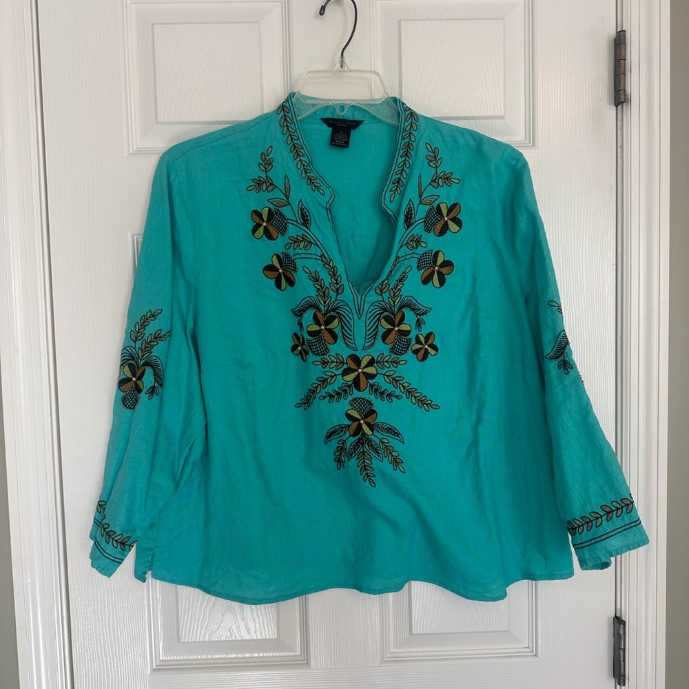 SilkLand Turquoise Floral Embroidered Blouse